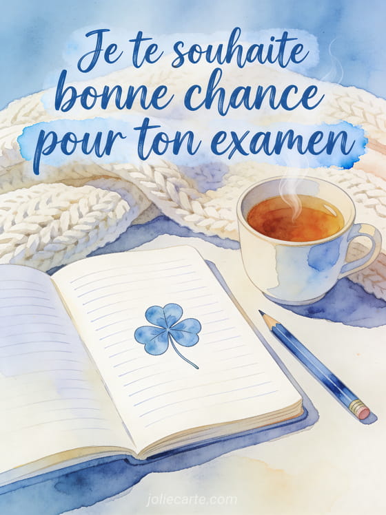 Carnet ouvert avec notes et petit dessin de trèfle, crayon posé à côté et tasse de thé fumante avec plaid en laine