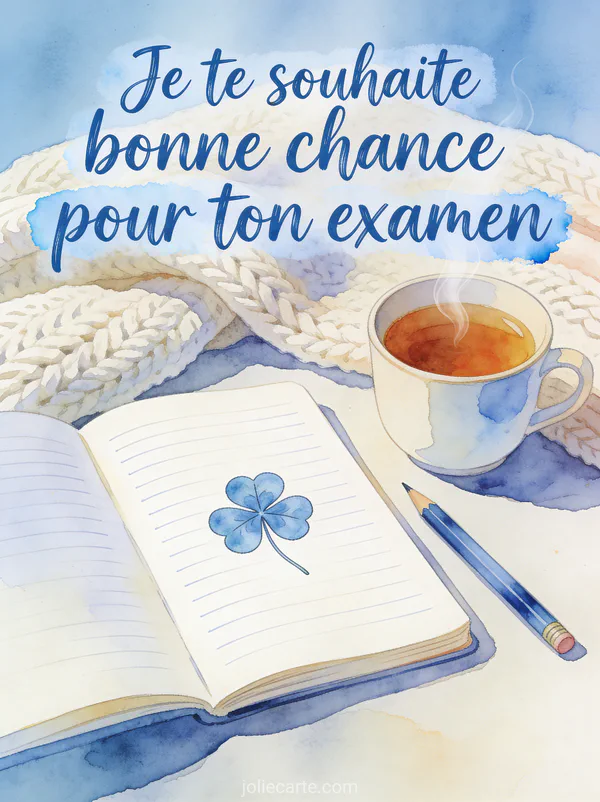 Carnet ouvert avec notes et petit dessin de trèfle, crayon posé à côté et tasse de thé fumante avec plaid en laine