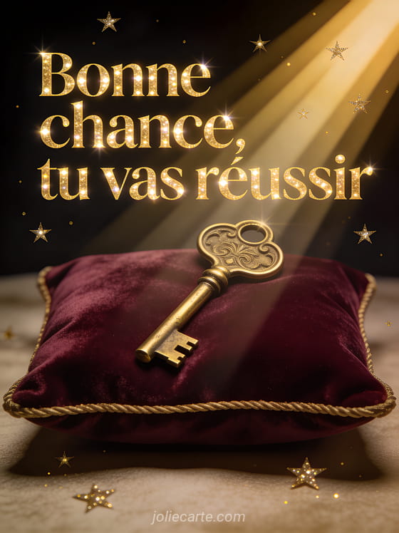 Clé dorée ancienne posée sur un coussin de velours bordeaux avec rayons de lumière et étoiles dorées et le texte Bonne chance tu vas réussir
