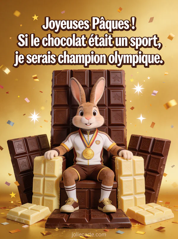 Lapin en costume de sport avec médaille d'or assis sur un trône de tablettes de chocolat géantes avec le texte Joyeuses Pâques