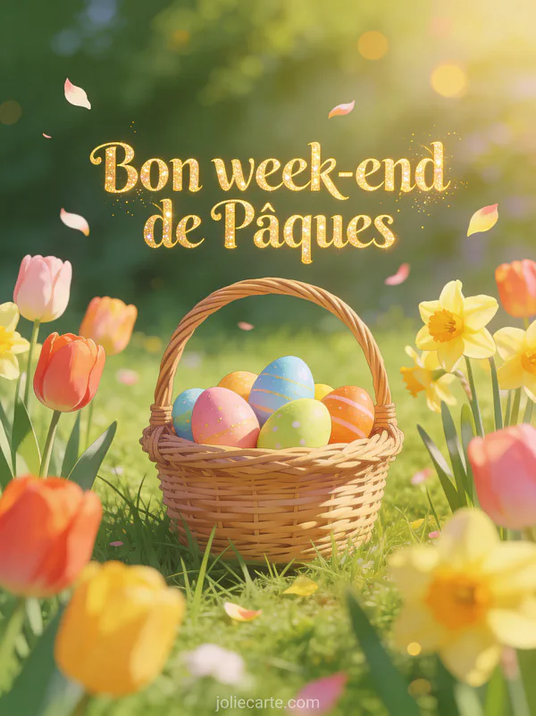 Panier en osier rempli d'oeufs colorés dans un jardin printanier avec tulipes et jonquilles en fleur et lumière du matin