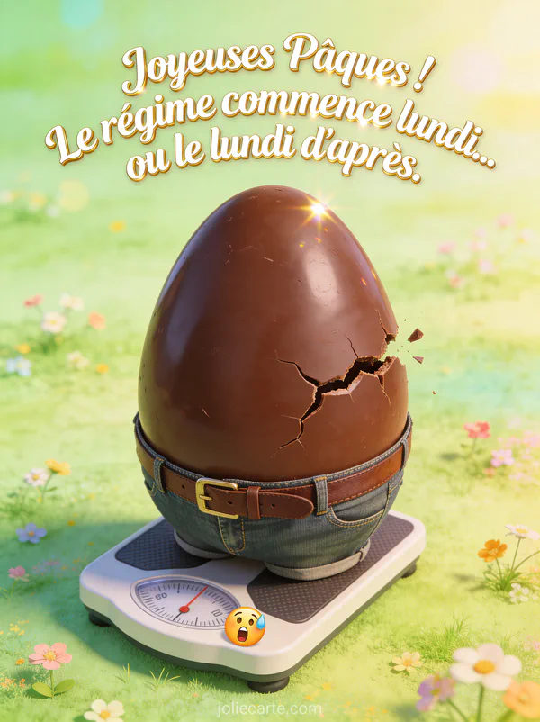 Gros oeuf en chocolat avec une ceinture trop serrée qui craque posé sur une balance affichant un emoji choqué sur fond pastel printanier