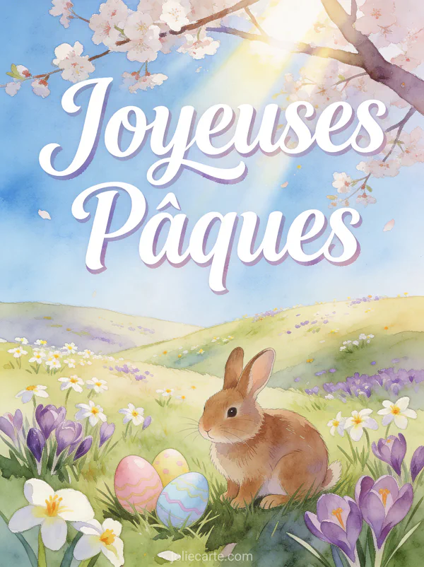 Pré vallonné avec pâquerettes et crocus violets sous un ciel bleu, un petit lapin brun à côté d'oeufs pastel près d'un cerisier en fleur