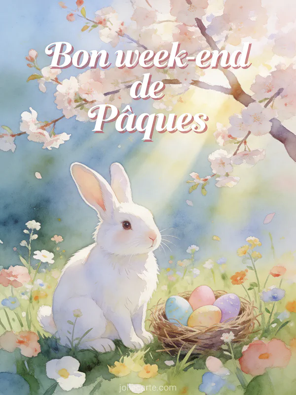 Lapin blanc dans un pré fleuri à côté d'un nid d'oeufs pastel avec un cerisier en fleur et des rayons de soleil