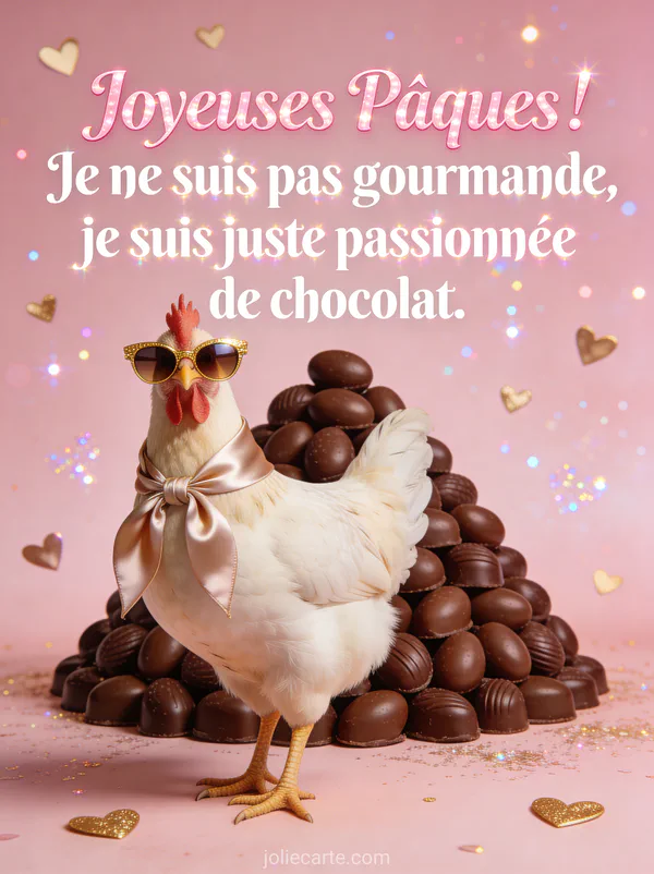 Poule glamour avec lunettes de soleil dorées et foulard en soie posant devant un tas d'oeufs en chocolat sur fond rose poudré pailleté