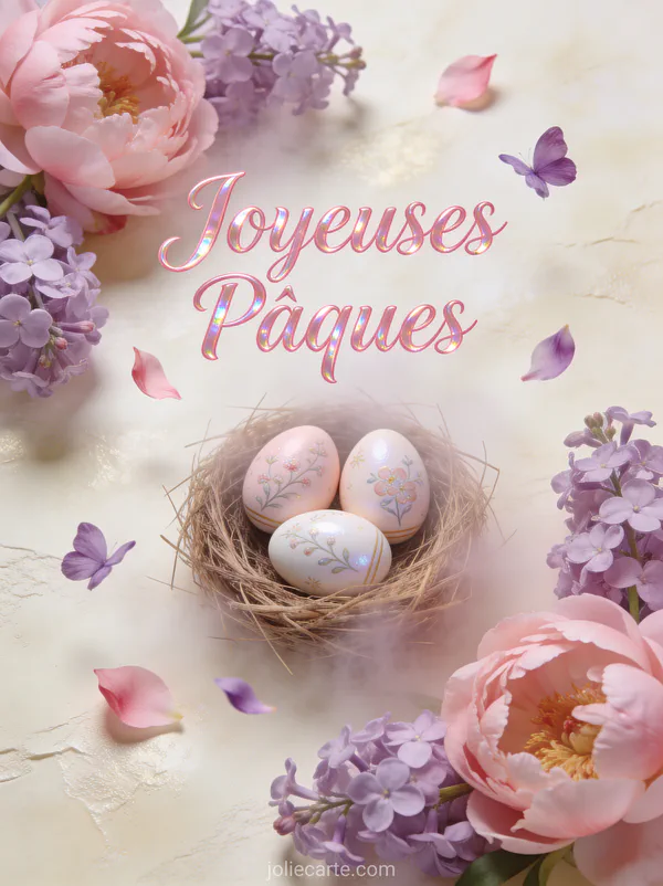 Composition florale de pivoines roses et lilas autour d'un nid avec trois oeufs peints à motifs délicats sur fond crème avec pétales volants