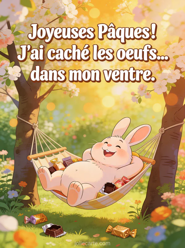 Lapin rondouillard allongé dans un hamac entre deux arbres en fleurs entouré d'emballages de chocolat vides avec expression satisfaite