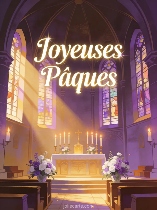Intérieur d'église baigné de lumière colorée traversant des vitraux avec cierges allumés et bouquets de fleurs blanches et violettes