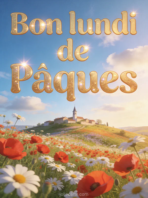 Petit village de campagne vu depuis une colline fleurie avec clocher d'église, champs de coquelicots et marguerites sous lumière matinale dorée