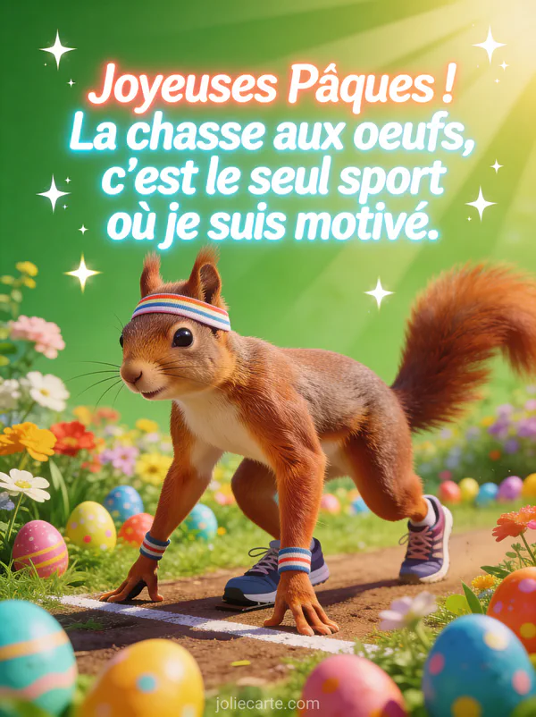 Écureuil avec bandeau de sport et baskets en position de sprint dans un jardin fleuri rempli d'oeufs colorés cachés partout