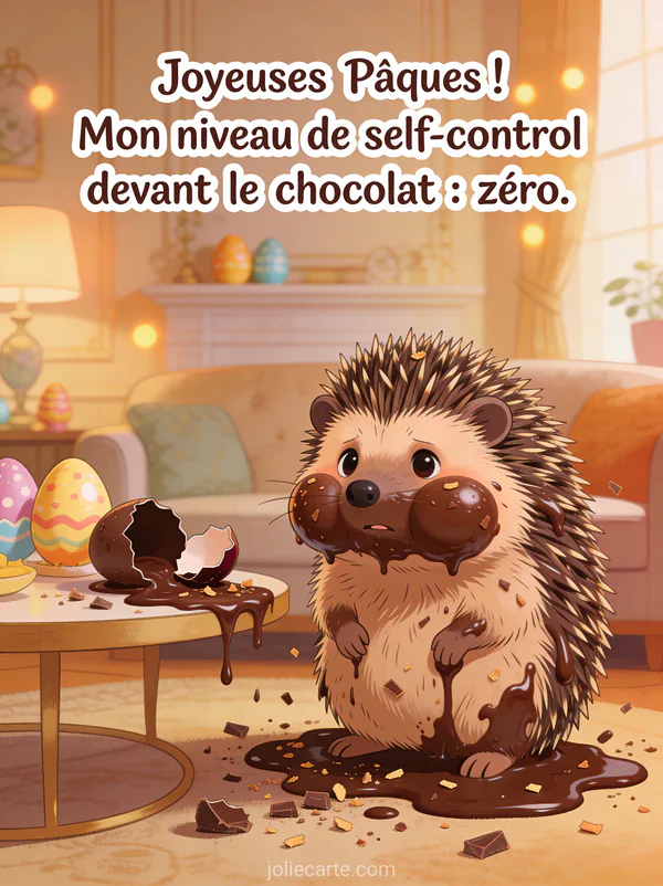 Hérisson avec expression coupable et joues gonflées de chocolat entouré de miettes et d'emballages d'oeufs de Pâques déballés