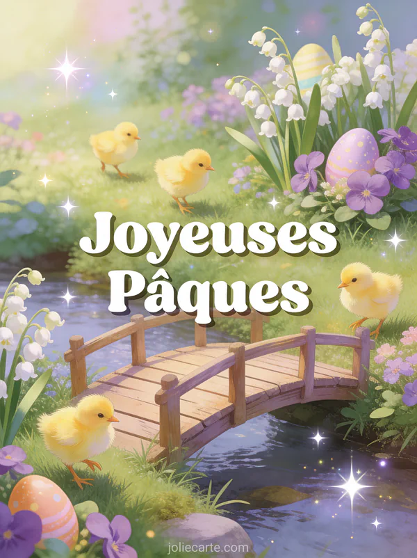 Jardin enchanté avec petit pont en bois, poussins jaunes sur l'herbe, oeufs colorés parmi muguet et violettes sous lumière féerique