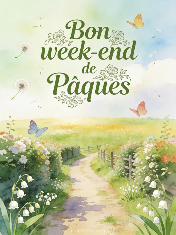 Sentier de campagne bordé de haies fleuries menant à une prairie ensoleillée avec pissenlits, muguet et papillons colorés