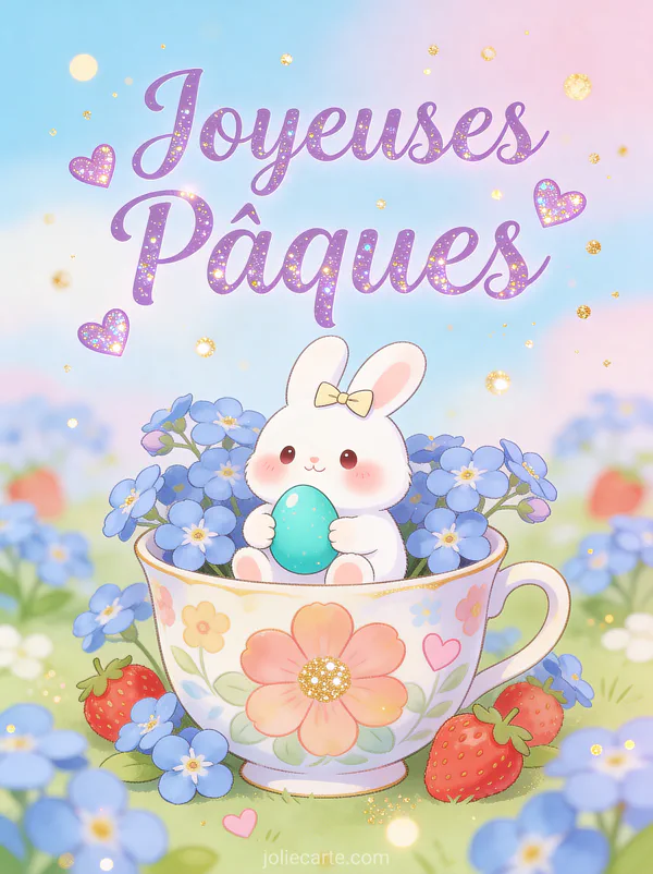Petit lapin blanc aux joues roses avec noeud sur la tête câlinant un oeuf turquoise dans une tasse de porcelaine fleurie entouré de myosotis