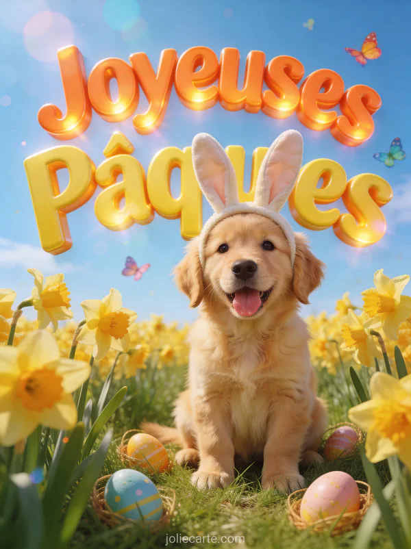 Chiot golden retriever adorable portant des oreilles de lapin dans un champ de jonquilles avec des oeufs de Pâques cachés dans l'herbe