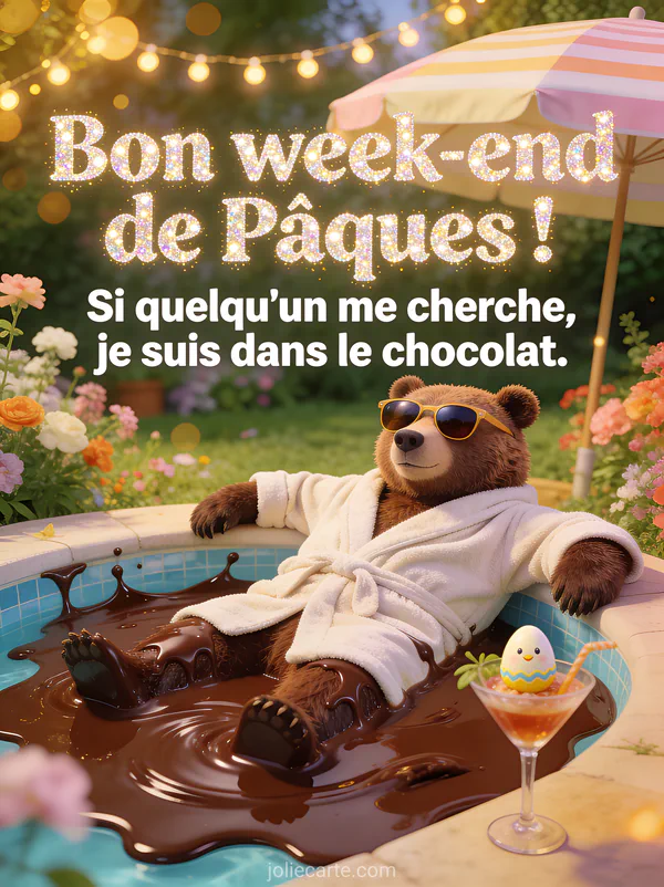 Ours en peignoir et lunettes de soleil allongé dans une piscine de chocolat fondu avec cocktail décoré d'un mini oeuf de Pâques