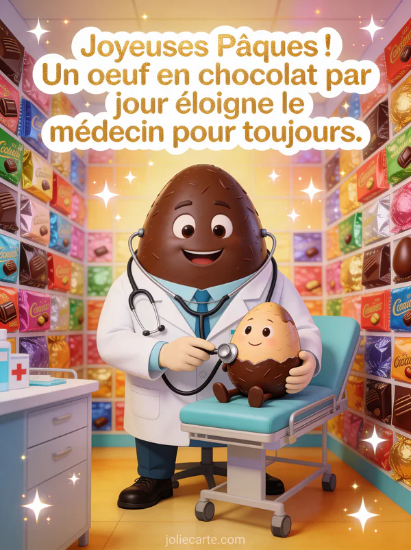 Oeuf en chocolat géant habillé en docteur avec stéthoscope et blouse blanche tenant un petit oeuf en chocolat dans un cabinet médical absurde