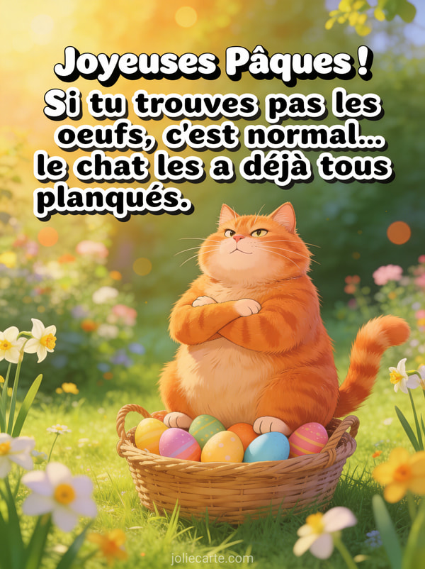 Illustration humoristique d'un gros chat roux assis fièrement sur un panier d'oeufs de Pâques colorés dans un jardin fleuri printanier