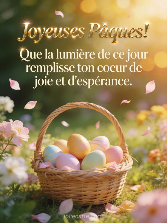 Panier en osier rempli d'oeufs colorés dans un jardin fleuri au printemps avec lumière dorée matinale et pétales volants