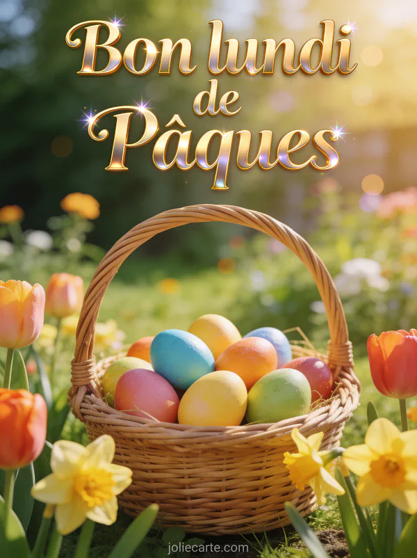Panier en osier débordant d'oeufs de Pâques colorés dans un jardin printanier avec tulipes, jonquilles et lumière douce du matin