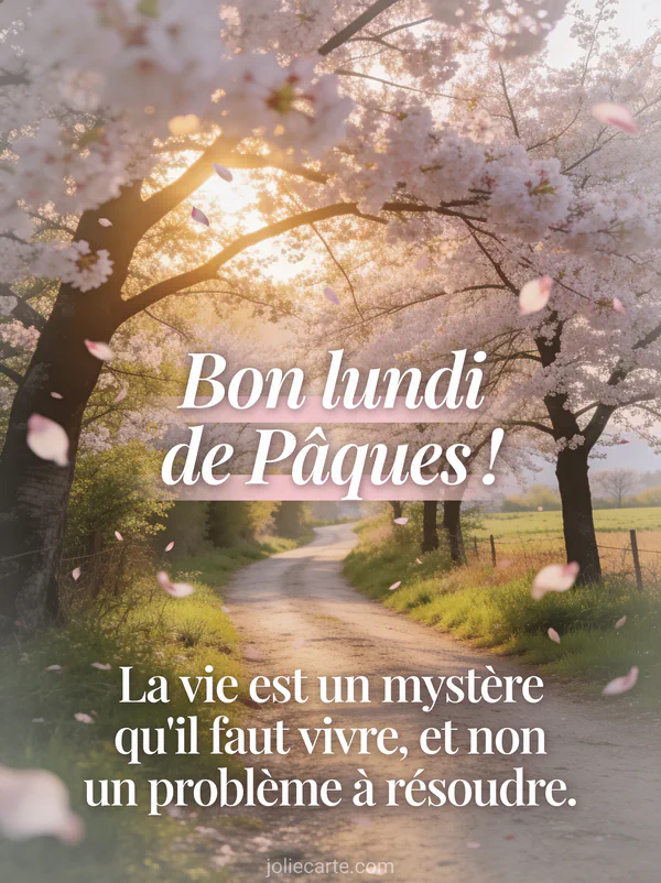 Chemin de campagne bordé de cerisiers en fleurs au printemps avec pétales volant dans la brise et lumière dorée