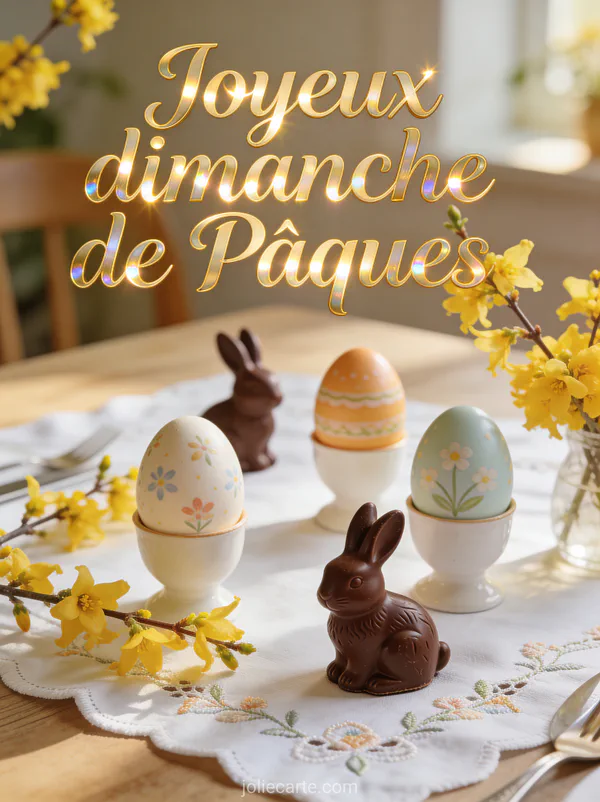 Table de fête de Pâques décorée avec oeufs peints à la main, lapins en chocolat et branches de forsythia en fleurs jaunes