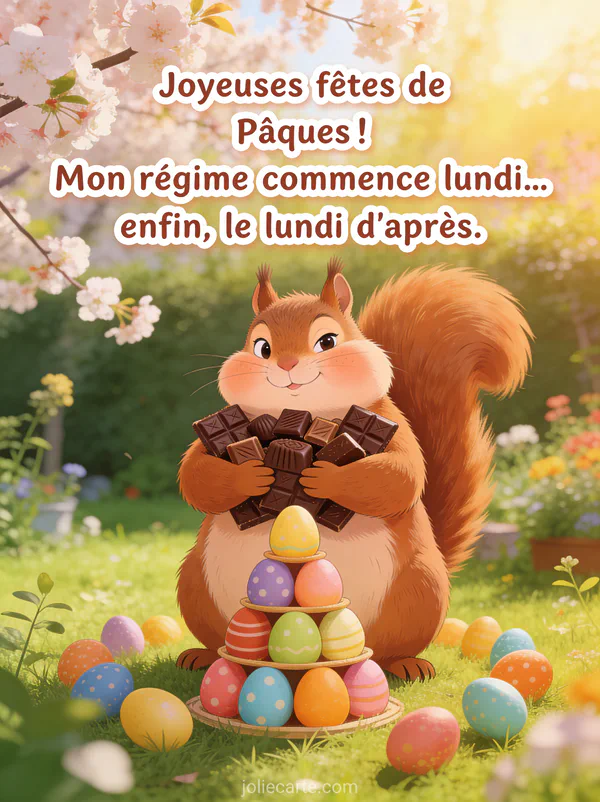 Illustration humoristique d'un écureuil joufflu débordant de chocolats dans les bras avec les joues gonflées entouré d'oeufs de Pâques