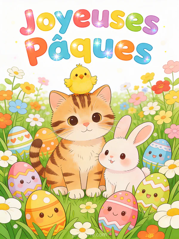 Illustration colorée d'un poussin sur la tête d'un chaton tigré et un petit lapin entourés d'oeufs décorés dans un jardin fleuri