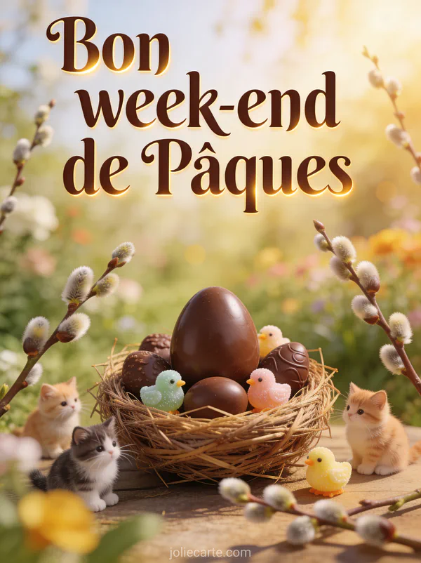 Nid de Pâques garni d'oeufs en chocolat et de poussins en sucre entouré de branches de saule avec lumière dorée naturelle