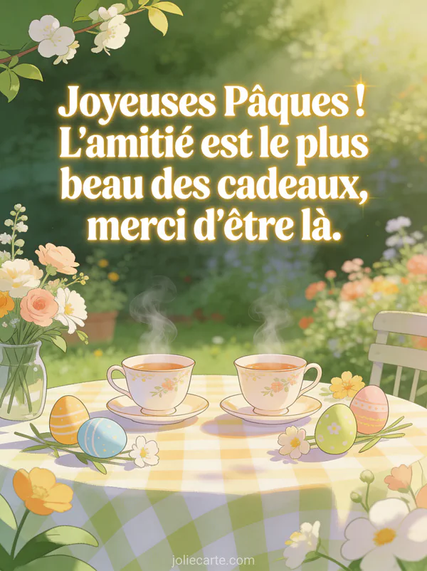 Deux tasses de thé fumantes sur une table de jardin au milieu de fleurs printanières avec oeufs de Pâques décoratifs et lumière du matin