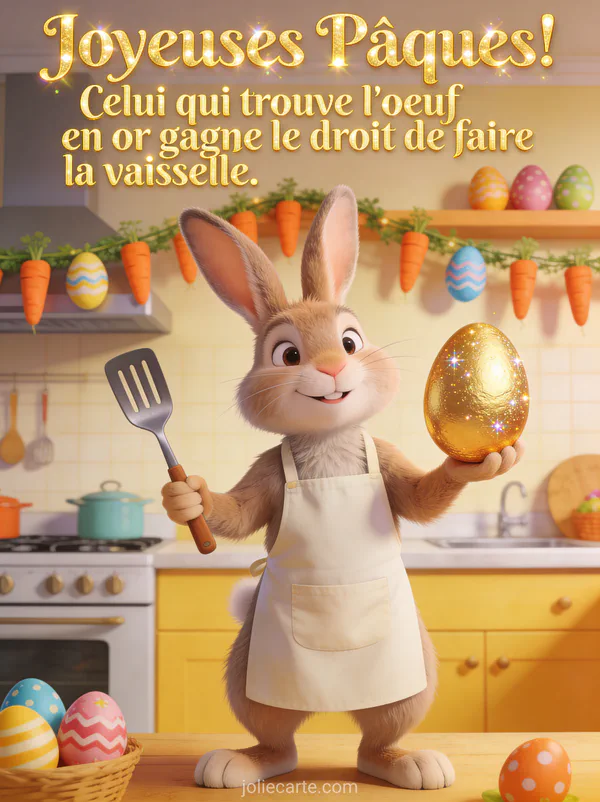 Illustration humoristique d'un lapin en tablier de cuisine avec une spatule et un oeuf doré géant dans une cuisine décorée pour Pâques