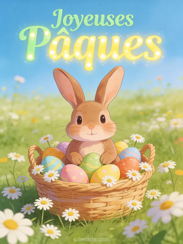 Illustration mignonne d'un adorable lapin brun aux longues oreilles dans un panier d'oeufs de Pâques colorés avec marguerites et prairie printanière