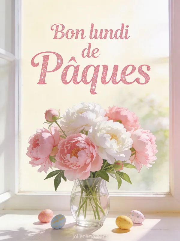 Magnifique bouquet de pivoines roses et blanches dans un vase en verre avec petits oeufs de Pâques décorés et fond pastel crème