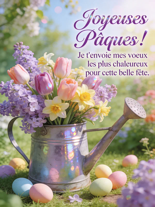 Magnifique bouquet de tulipes et jonquilles dans un arrosoir vintage avec oeufs pastel et jardin printanier lumineux