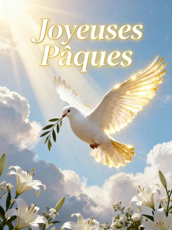 Colombe blanche en vol portant un rameau d'olivier baignée dans une lumière divine dorée avec ciel lumineux et fleurs de lys blanches