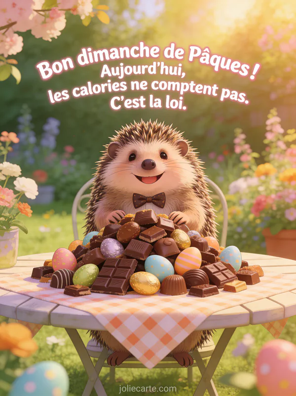 Illustration attendrissante d'un hérisson avec noeud papillon devant une montagne de chocolats et oeufs de Pâques dans un jardin fleuri