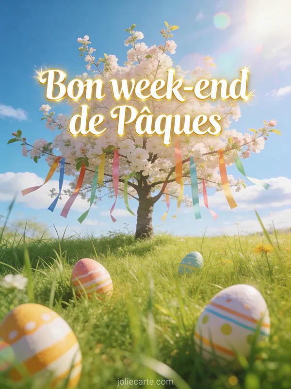 Prairie verdoyante au printemps avec oeufs de Pâques cachés dans l'herbe, arbre en fleurs avec rubans colorés et ciel bleu lumineux