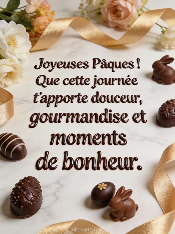 Assortiment de chocolats de Pâques artisanaux disposés sur une surface en marbre avec rubans dorés et fleurs fraîches