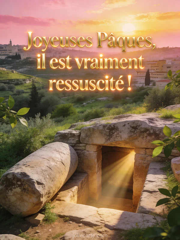 Tombeau vide avec la pierre roulée et lumière éblouissante jaillissant de l'intérieur dans un paysage verdoyant au lever du soleil