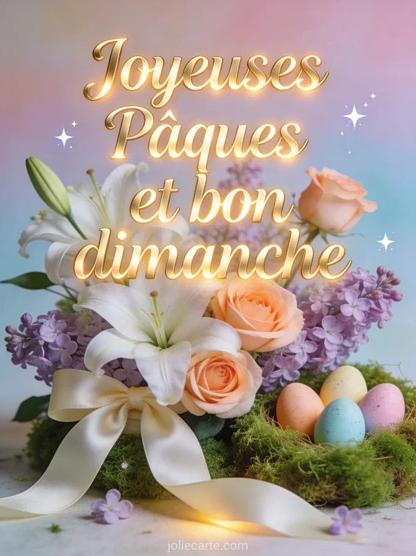 Composition florale printanière avec lys blancs, roses pêche et lilas, oeufs de Pâques peints dans de la mousse verte et fond pastel