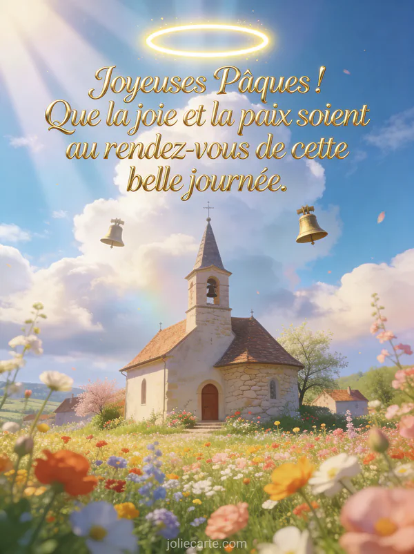 Petite église de village entourée de champs de fleurs au printemps avec cloches dans le ciel et rayons de soleil à travers les nuages
