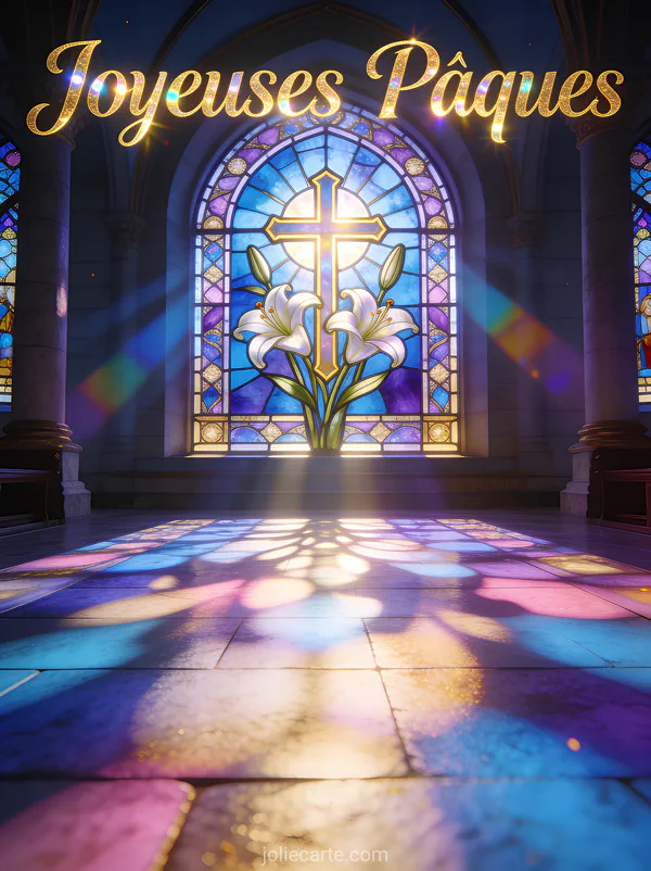 Magnifique vitrail d'église représentant une croix entourée de lys avec lumière du soleil créant des projections colorées