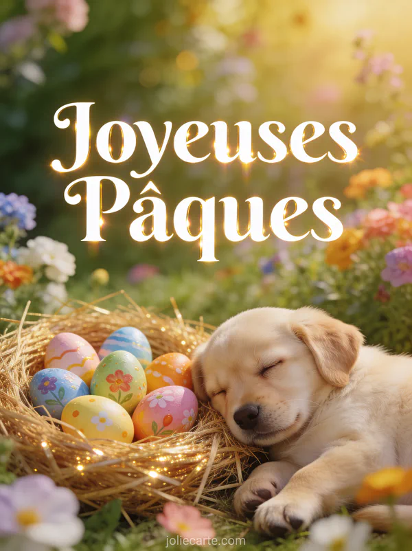 Oeufs de Pâques peints aux couleurs vives dans un nid de paille dorée avec un petit chiot beige endormi à côté dans un jardin fleuri