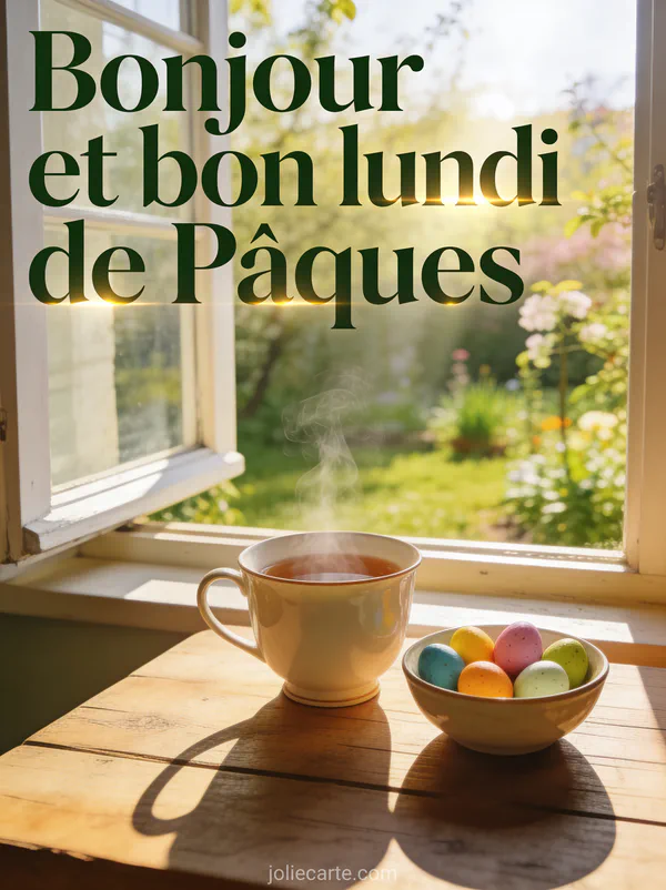 Tasse de thé fumante sur une table en bois près d'une fenêtre ouverte sur un jardin printanier avec petits oeufs colorés et lumière matinale