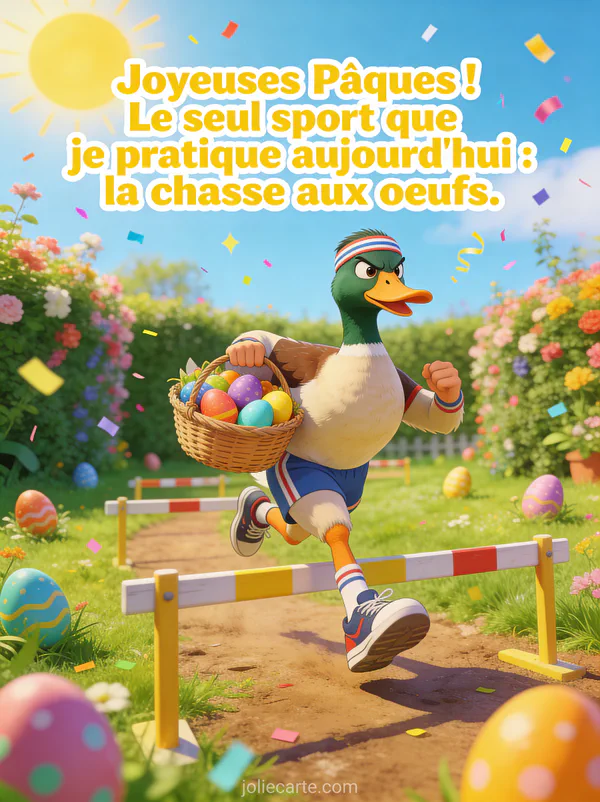 Illustration humoristique d'un canard en tenue de sportif avec bandeau et baskets courant avec un panier d'oeufs colorés dans un jardin