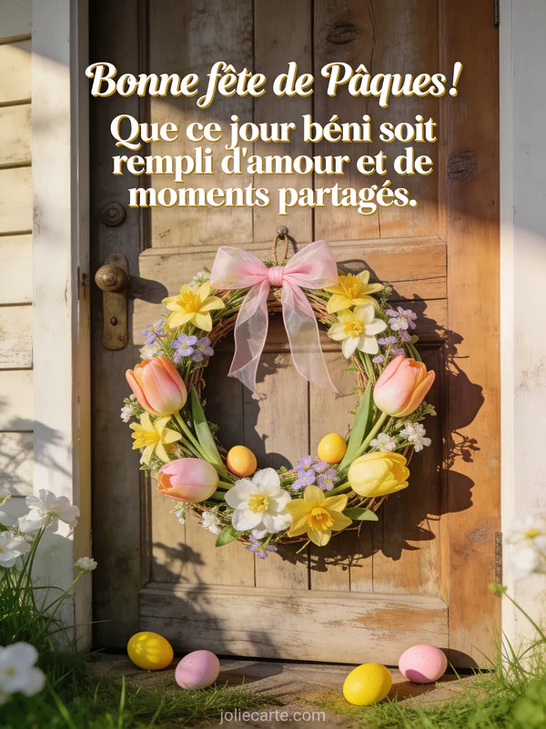 Couronne de fleurs printanières accrochée à une porte en bois rustique avec petits oeufs décoratifs et lumière chaude