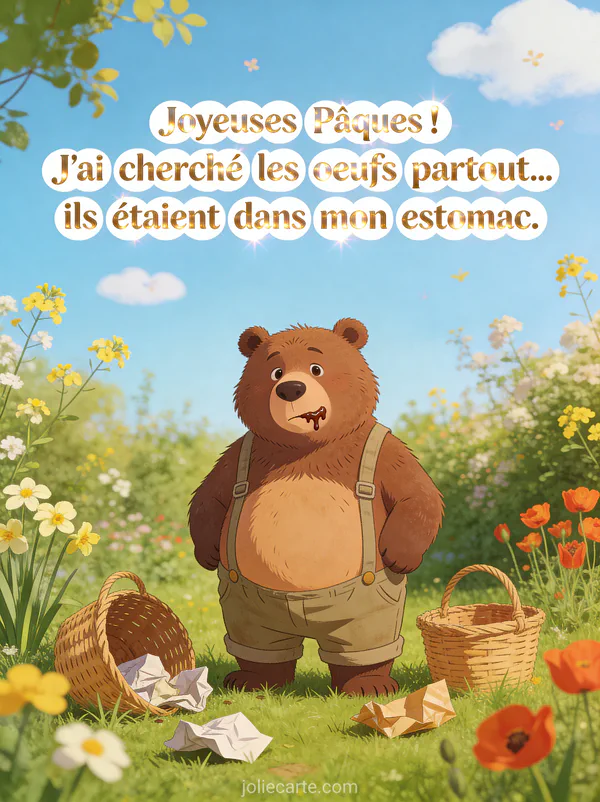 Illustration comique d'un ours brun en salopette avec le ventre rond entouré de paniers vides et papiers d'emballage dans un jardin printanier