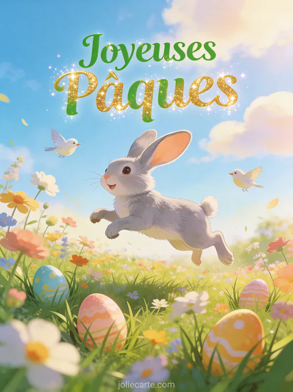 Illustration enfantine d'un lapin gris bondissant dans un champ de fleurs printanières avec oeufs de Pâques cachés et petits oiseaux