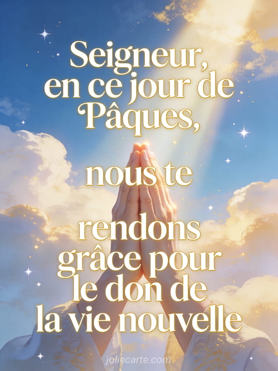 Mains jointes en prière baignées dans un rayon de lumière céleste avec ciel bleu et or et petites étoiles scintillantes