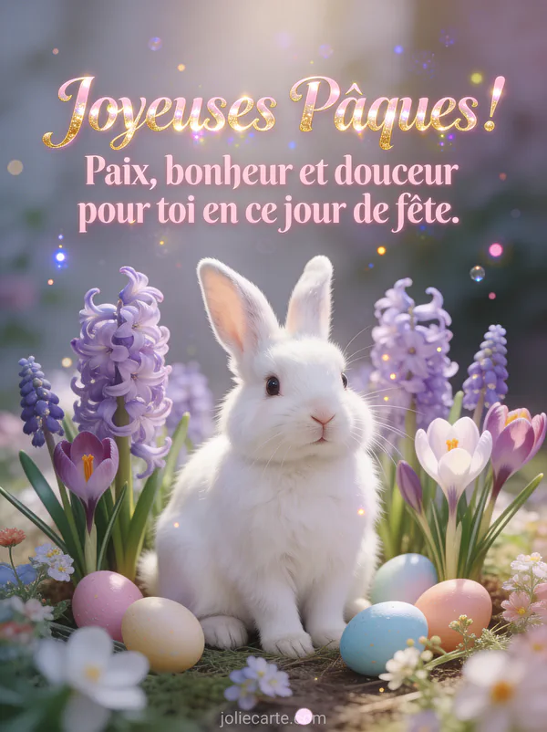 Adorable lapin blanc au milieu de jacinthes et crocus en fleurs avec oeufs pastel et particules lumineuses flottantes